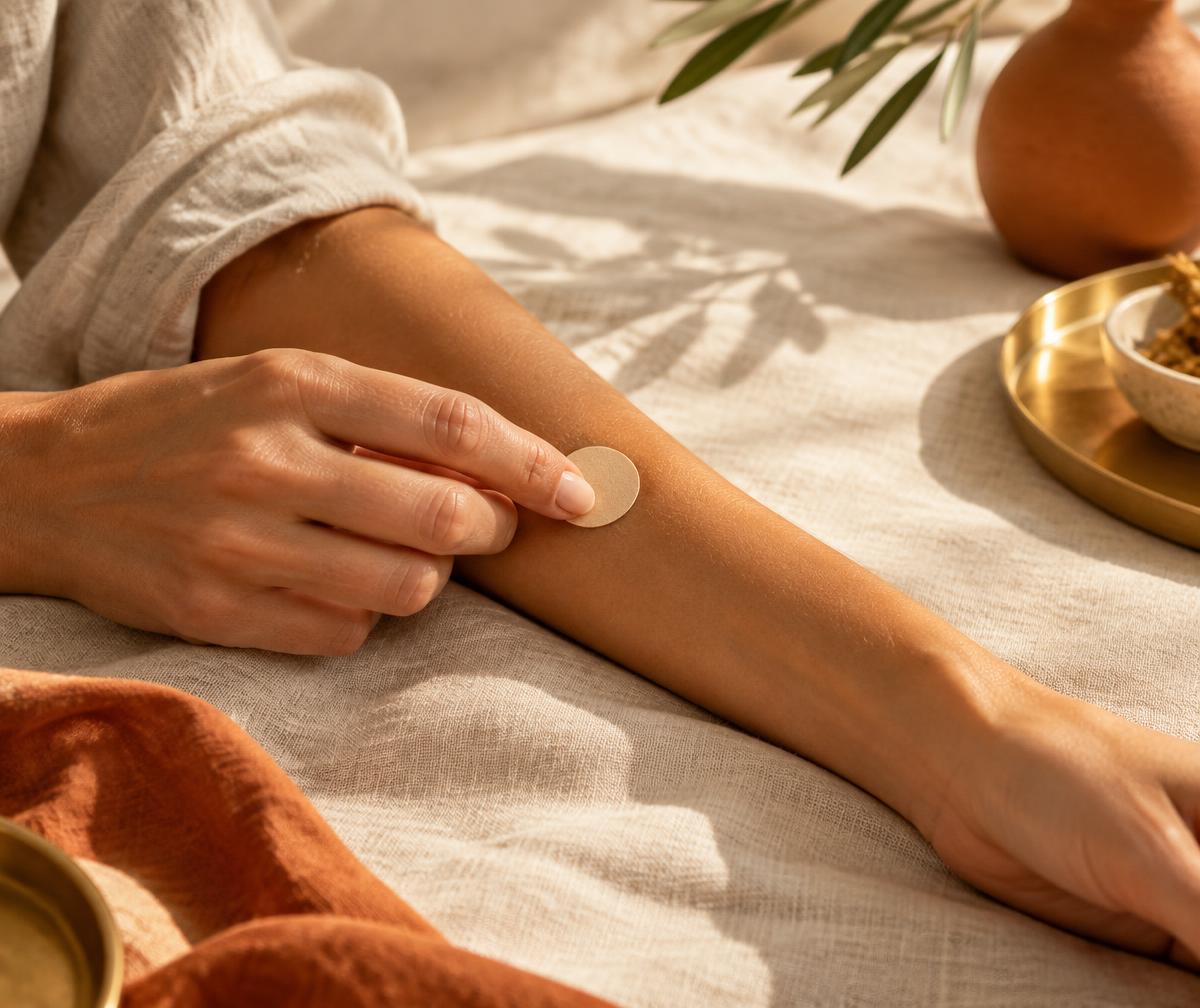 Applying a small wellness patch to clean skin